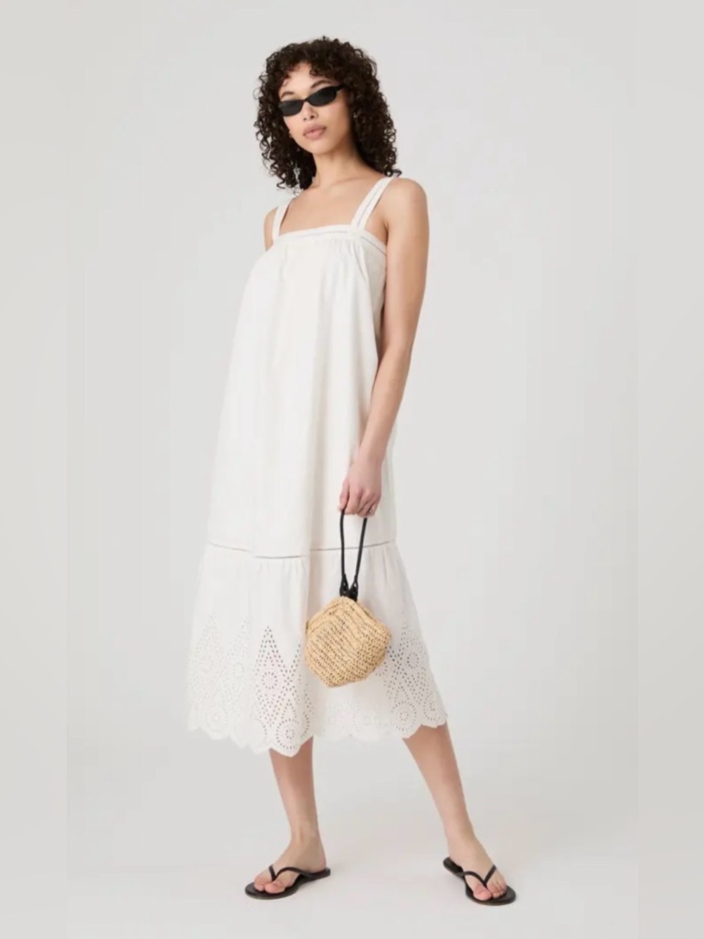 French Connection White Eyelet Midi Dress with Square Neckline